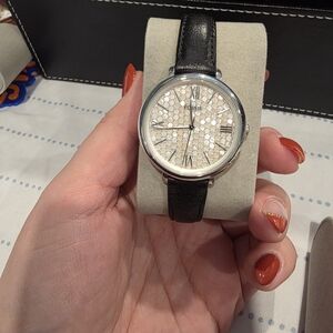 Fossil Silver Dial Watch with Black Leather Strap